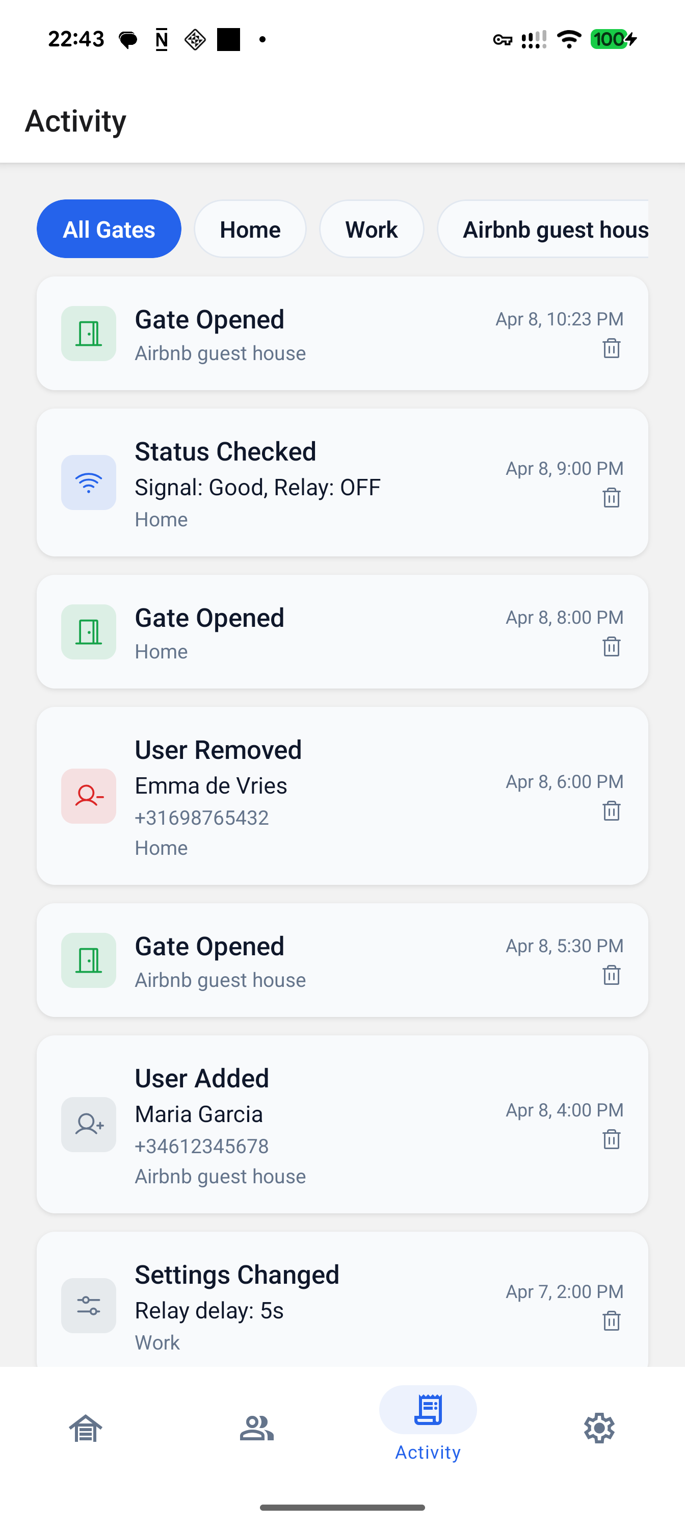 GateOpener activity log showing gate opens, user changes, and settings updates with timestamps