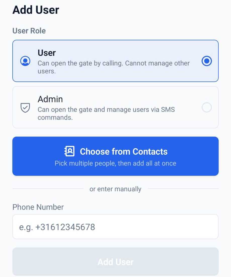 GateOpener Add User screen with role selection, Choose from Contacts, and phone number input