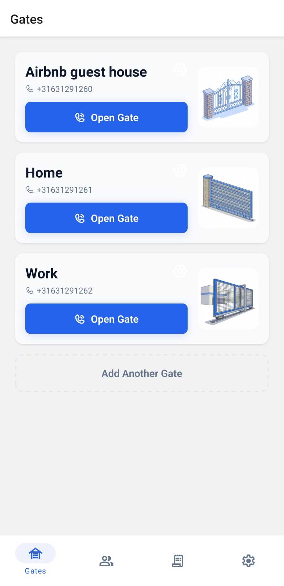GateOpener app showing three gates: Home, Work, and Airbnb Guest House — each with an Open Gate button