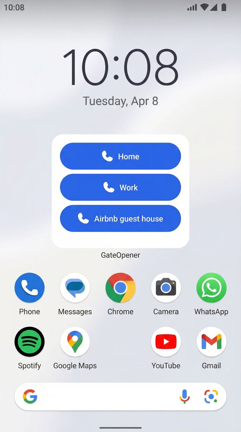 GateOpener home screen widget with three gate buttons: Airbnb guest house, Home, and Work