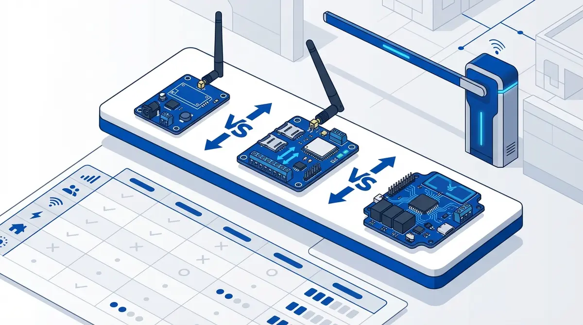 Two GSM gate opener modules displayed side by side for comparison