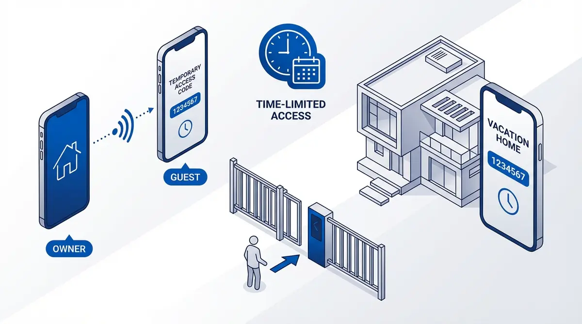 Property owner granting temporary gate access to a guest via smartphone